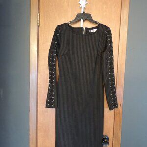 Jennifer Lopez Black Ribbed Lace-Up Sleeve Bodycon Midi Dress – Size 10